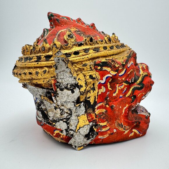 Traditional Handcrafted Thai Khon Mask Wall Art Intricate Red Gold Detail - Picture 9 of 9